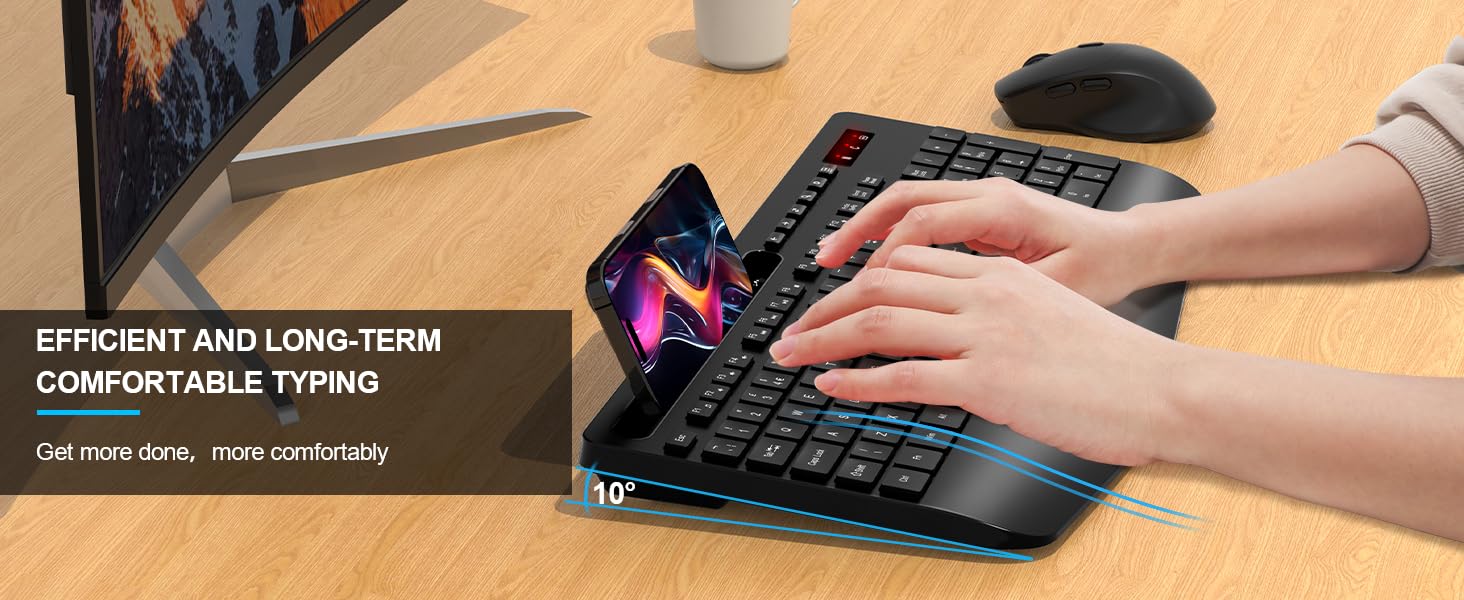 Wireless Keyboard and Mouse Set, Wrist Rest, Mobile Phone Holder, Batteries Included