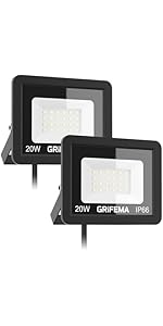 GRIFEMA 20W LED Floodlight Outdoor, 2200LM, 6500K Cool White, IP66 Waterproof, Adjustable 180° Br...