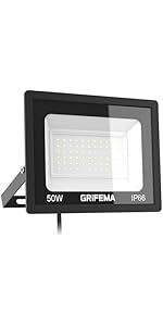 GRIFEMA 50W LED Floodlight Outdoor, 5500LM, 6500K Cool White, IP66 Waterproof, Adjustable 180° Br...