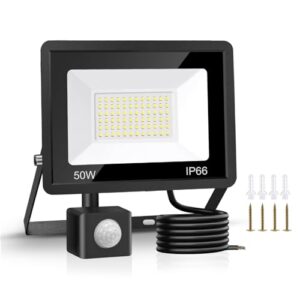 Jsdoin 50W Security Lights Outdoor Motion Sensor 4500 Lumen PIR Security Light 6500K LED Floodlights IP66 Waterproof Outside Daylight Wall Light with 2M Cable for Garage Garden Hallway Backyard            [Energy Class F]