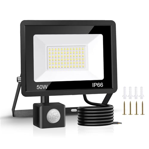 Jsdoin 50W Security Lights Outdoor Motion Sensor 4500 Lumen PIR Security Light 6500K LED Floodlights IP66 Waterproof Outside Daylight Wall Light with 2M Cable for Garage Garden Hallway Backyard            [Energy Class F]