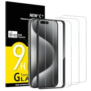 NEW'C Pack of 3 Tempered Glass Screen Protector for iPhone 15 Pro (6.1 Inches) - Anti-Scratch Film - Ultra Resistant - HD Clear Phone Screen Protector - Easy Installation Tool Included
