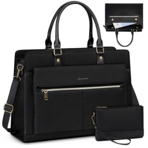 RAINSMORE Laptop Bags Handbags for Women 15.6 Inch PU Leather Large Tote Bag Work Bag with Clutch Bag Designer Women's Bags Ladies Laptop Handbag for School Black