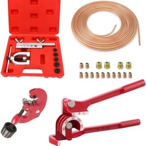 Brake Pipe Flaring Tool Set + 3 in 1 Tubing Bender + 3/16"x 25ft/7.6m Brake Line with 16 Fittings + 1 Tube Cutter
