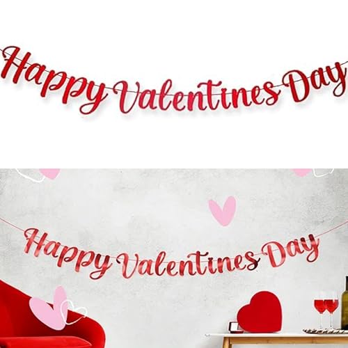 Lizzy 1 x Happy Valentine's Day Foil Banner 1.5M | Red foil finished Letters Banner Garland Decorations with Hanging String for a lovely Valentines Day Occasion (1)
