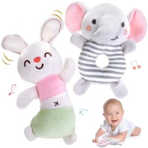 Baby Girl Toys 0-6 Months - 2Pcs Baby Rattles Toys Soft Plush Sensory Toys for 0 3 6 9 12 Month Infant Girls Shower Gift (Elephant/Bunny)