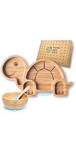 Moon and Moo Bamboo Suction Tortoise Plate & Bowl Set 
