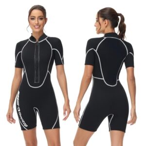 Owntop 3/2mm Shorty Wetsuit Women/Men - Front Zip Wet Suit for Diving Surfing