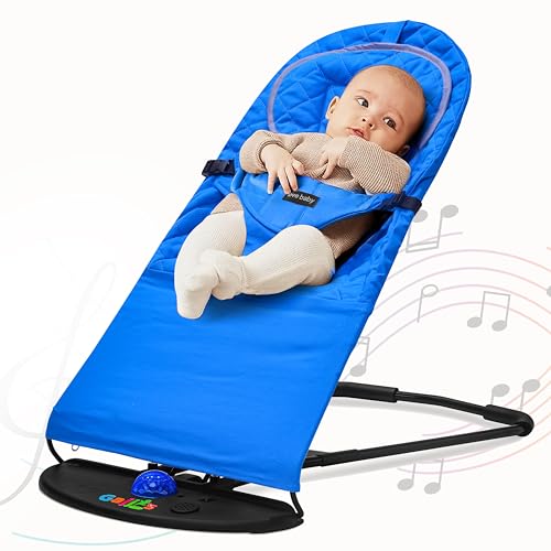 FK Sports Baby Bouncer Swing Chair Baby Rocker Adjustable for Newborn Kids with 3 Recline Position from Birth to 6 Months Soft Material Padded Neckrest Non-Slip Elements with Light and Music (Blue)