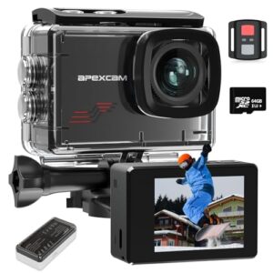 Apexcam M80 Action Cam with 64 GB Card 4 K 60 FPS 48 MP WiFi 40 m Ultra HD Underwater Waterproof Sports Camera 8 x Zoom Pre-Recording Wide Angle with 2 x 1350 Battery Accessories Ki