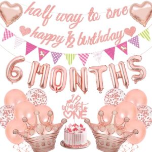 Half Birthday Party Decorations Girls - Rose Gold Half Way To One Banner Decor Set with Cake Topper