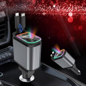 4 in 1 Car Charger Retractable Car Charger 66W Fast USB C Car with Starry Sky Light 180° Adjustable Car Charger Compatible for iPhone 15/14/13/12 Galaxy S24/S23 Android Devices–Cars