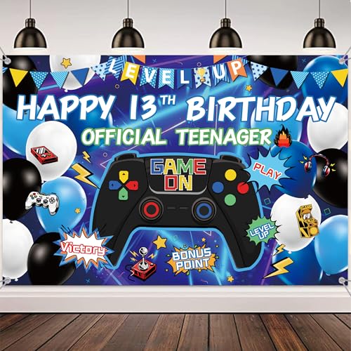 13th Birthday Party Decoration Banner - Blue Video Game Decorations Backdrop Boy Girl