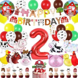 Farm Animal 2nd Party Decorations - Animals Decoration Balloons Walking Dog Duck Chicken Horse Number 2 Foil Balloon Cake Toppers