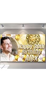 Personalised Birthday Banner-Custom Photo Backdrop White and Gold Disco Ball Balloon Poster-Party...