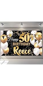 Happy Birthday Backdrop Background Banner Personalised Black and Gold Sign Poster Fabric Glitter ...