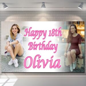 Personalised Happy Birthday Banner Backdrop Photo Blue Pink Black Customised Celebration Poster Fabric boy girl woman man Party Decorations