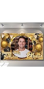 Happy Birthday Backdrop Background Banner Personalised Black and Gold Sign Poster Fabric Glitter ...