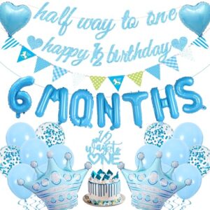 Half Birthday Party Decorations Boys - Blue Half Way To One Banner Decor Set with Cake Topper