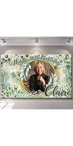 Personalised Happy Birthday Backdrop Background Banner Photo Green Gold Leaves Sign Poster Fabric...