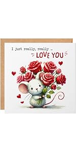Romantic Valentine's Day Card - Cute Mouse with Roses - Anniversary Card for Wife, Husband, Girlf...