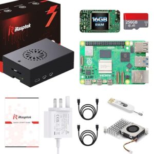 iRasptek Raspberry Pi 5 16GB Starter Kit - 256GB Edition of OS-Bookworm Pre-installed（Aluminum Case）