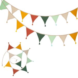 10Pcs Triangle Fabric Bunting Flags Double Sided Cotton Bunting with Tassel Decoration for holiday party (Dark color)