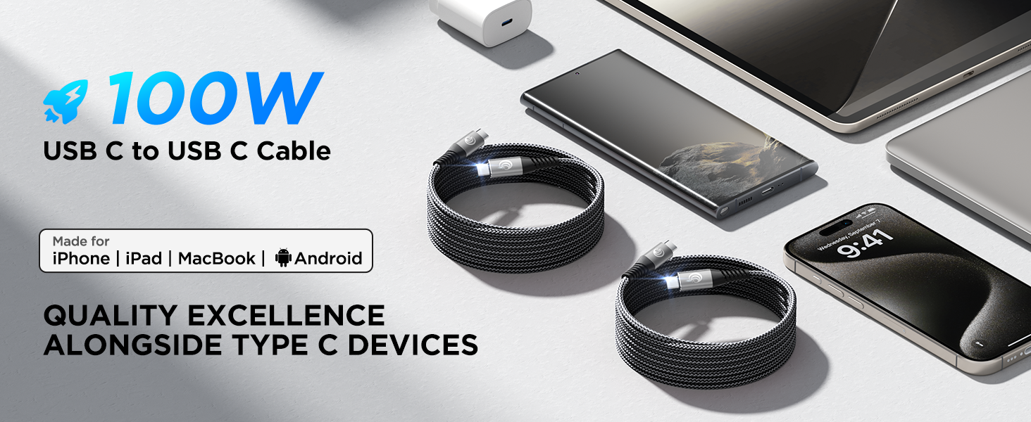 USB C to USB C Cable 3m 2Pack, 100W C to C Charger Cable Fast Charge USBC Charging Lead