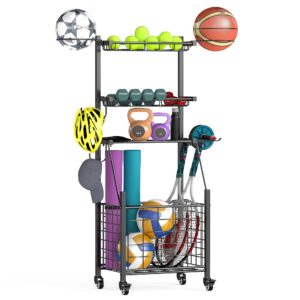 Garage Sports Equipment Organizer Metal Ball Storage Rack with Wheels 4-Layer Rolling Basketball Football Storage Cart with Shelves Baskets Hooks for Soccer Volleyball Baseball Tennis Indoor Outdoo