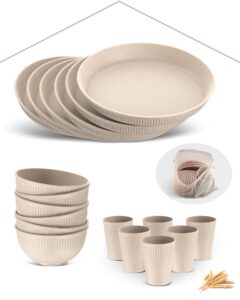 HOMGEN Camping Plates and Bowls Set 18Pcs Platsic Plates and Bowls Sets Unbreakable Pinic Dinner Set with Storage Bag for 6 Microwave & Dishwasher Safe Dinner Plates for Home Pinic