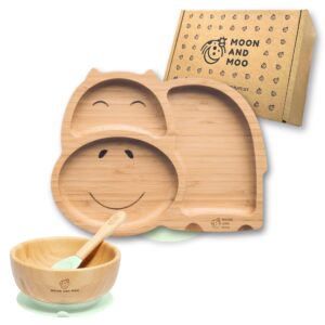 Moon and Moo Bamboo Suction Hippo Plate & Bowl Set - Perfect Baby Gifts