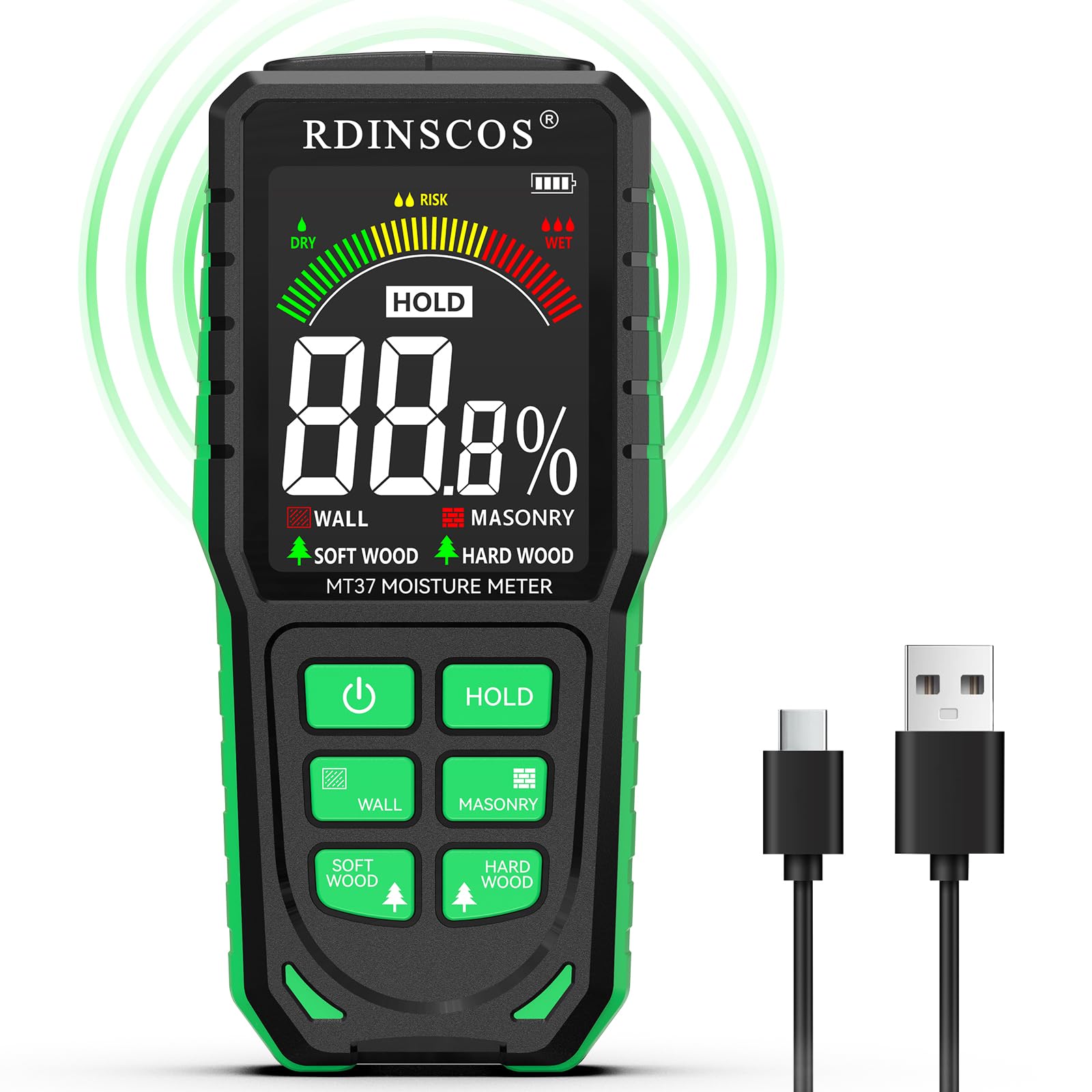 Rechargeable Pinless Moisture Meter Damp Meter for Walls with LCD Colour Display Non-Invasive Moisture Detector Digital Damp Tester for Caravan
