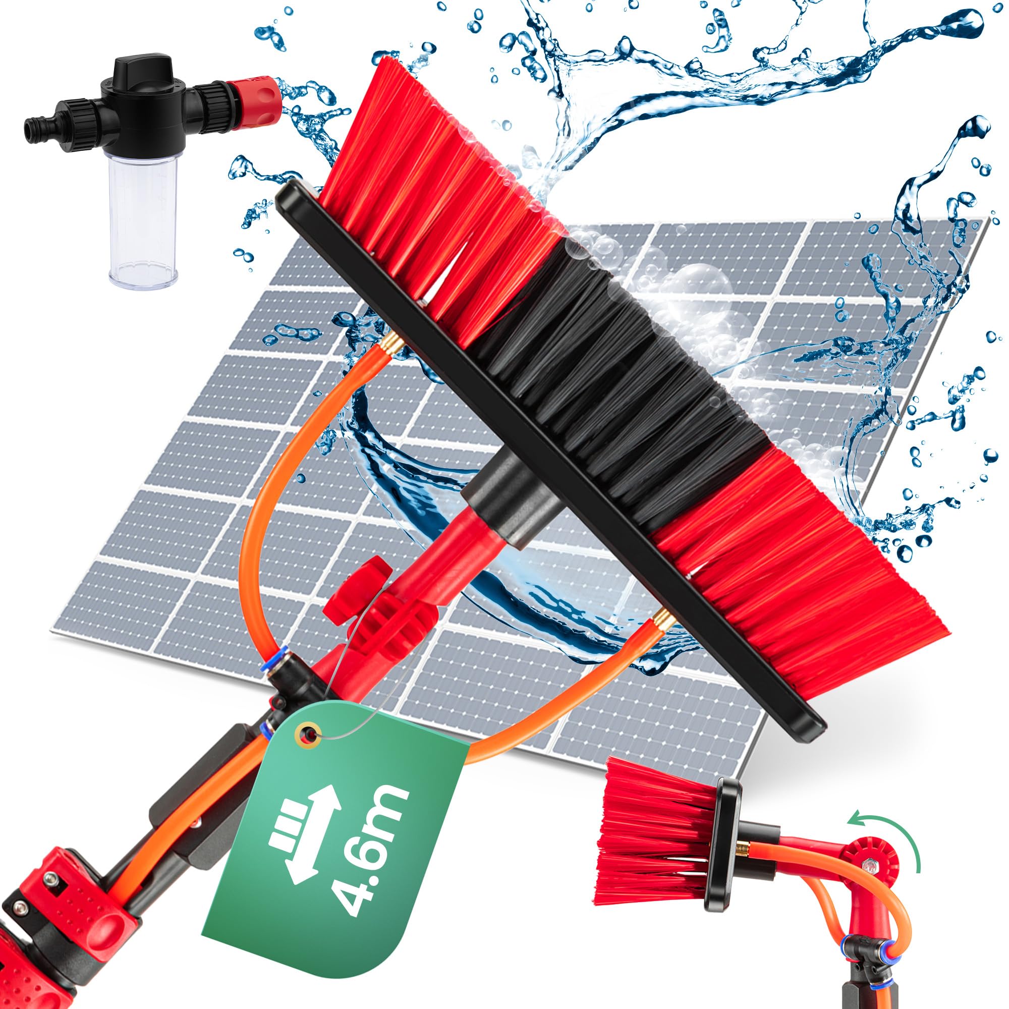Hortensus Telescopic Brush - 4.6m - Extendable Water-Fed Cleaning Pole with Adjustable Angle & Soap Dispenser - Universal Hose Connector for Solar Panels