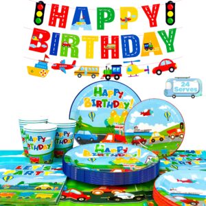 Serves 24 Transportation Birthday Party Supplies Tableware Set Including Car Train Plane Birthday Banner Tablecloth Plates Cups Napkins etc Transportation Theme Party Supplies for Boys Kids Birthday