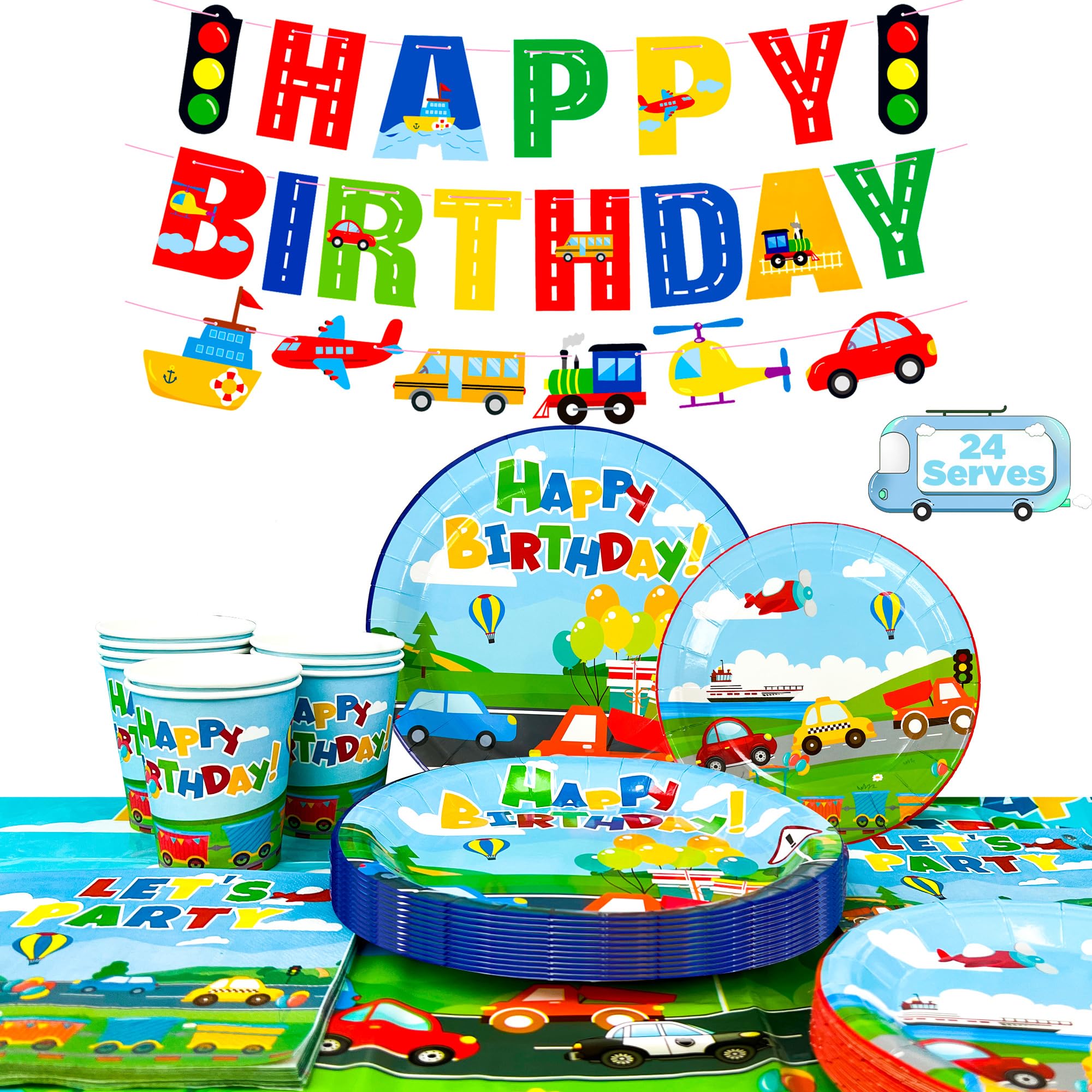 Serves 24 Transportation Birthday Party Supplies Tableware Set Including Car Train Plane Birthday Banner Tablecloth Plates Cups Napkins etc Transportation Theme Party Supplies for Boys Kids Birthday