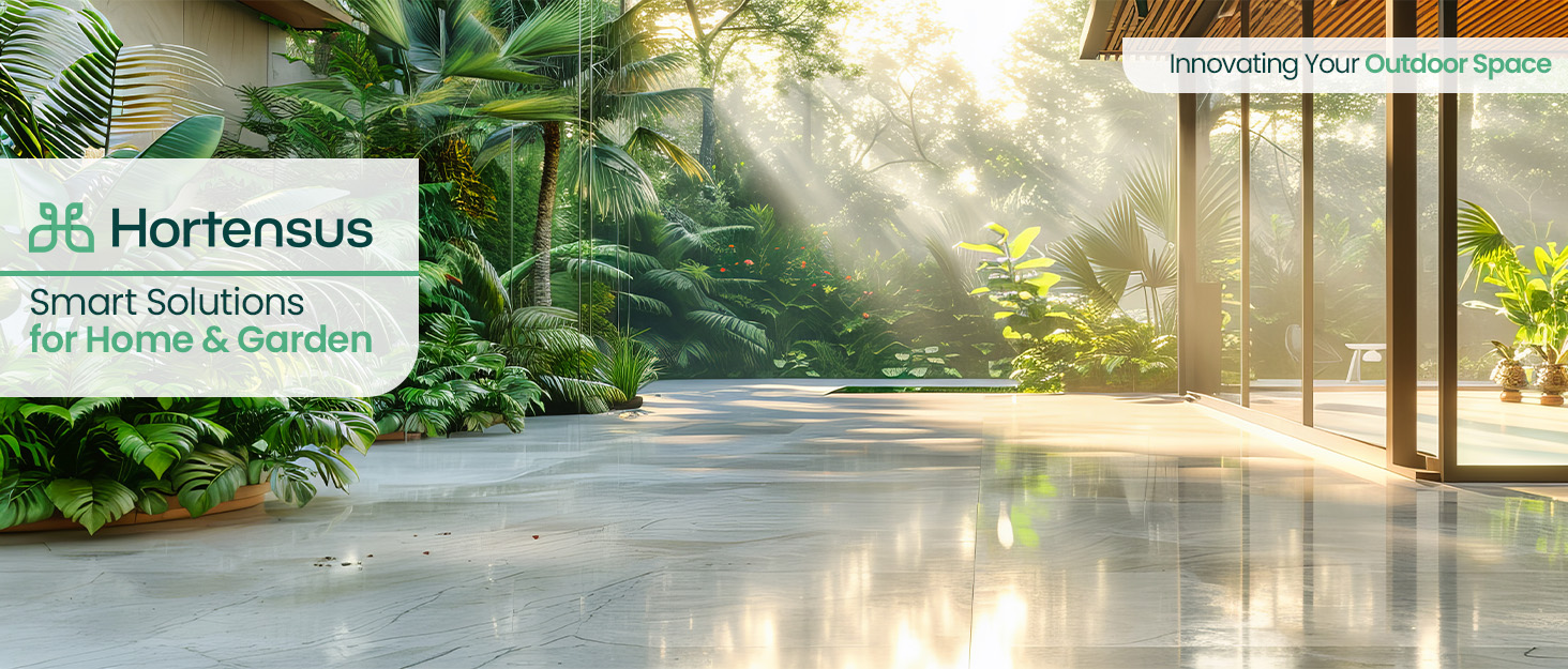 Modern outdoor space with lush greenery and a sleek patio, showcasing Hortensus branding.