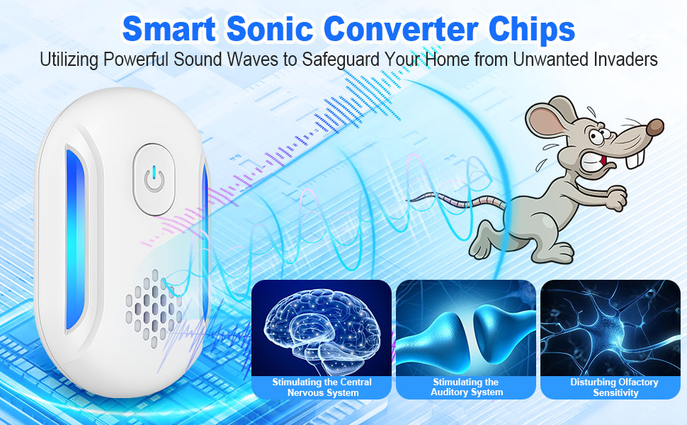 A home layout showing the coverage of four ultrasonic pest repellers in multiple rooms.