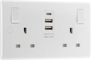 BG Electrical Double Switched Power Wall Plug Socket with Two Type A and Single Type C USB Charging Ports