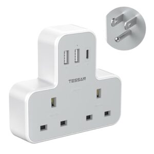 UK to US Plug Adaptor with 3 USB Ports (1 USB C) 2 AC Outlets