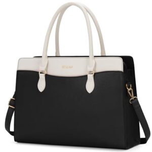 RAINSMORE Laptop Bags for Women 15.6 Inch Ladies Work Bag PU Leather Designer Laptop Handbag Large Laptop Tote Bag for School Computer Business Travel Black and White