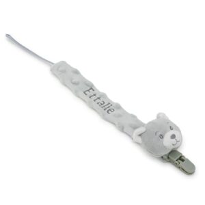 Personalised Dummy Clip for Baby Girls Boys Custom Pacifier Clips with Teddy Bear Dummy Holder Clip with Name Soother Chain for Teething Toy Fabric Dummy Strap Universal Fit 3 Colours (Grey)