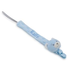 Personalised Dummy Clip for Baby Girls Boys Custom Pacifier Clips with Teddy Bear Dummy Holder Clip with Name Soother Chain for Teething Toy Fabric Dummy Strap Universal Fit 3 Colours (Blue)