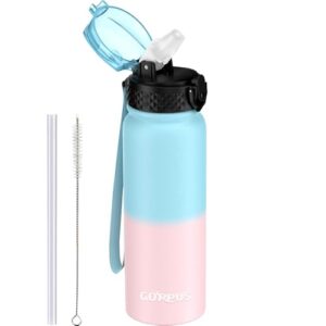GOPPUS 600ml/20oz Stainless Steel Water Bottle with Straw Insulated Sports Bottle Cold Flask with Straw Double Walled Flip up Metal Water Bottles Leakproof Water Bottle for Gym Sports