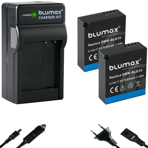 2 x Blumax Replacement Battery for Panasonic DMW-BLG10 / DMW-BLG10E [1025 mAh] + Charger DMW-BLE9 E BP-DC15 E for Lumix DMC-GF6 GX7 III GX80 - DC-TZ202 G11