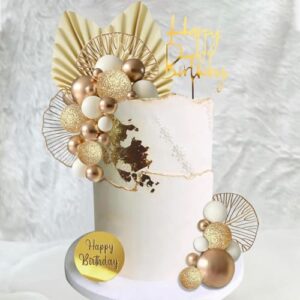 Boho Cake Topper White Gold Balls Cake Toppers Palm Leaves Bohemian Cake Decorations for Birthday Wedding Baby Shower Party Supplies