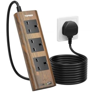 TOPREK Wood Grain 3 Way Extension Lead with USB Slots
