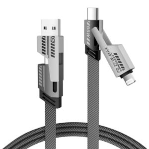 Treasured Tech 4 in 1 Multi Charger Cable | 65W Fast Charge USB A/C to Light.ning & USB C | 5FT Nylon Braided for iPhone 16-12 Pro Max