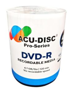 ACU-DISC Pro-Series DVD-R 4.7GB 16x Speed 120 Minutes Blank Discs AZO Dye UV Protection Hard Coat Anti-Scratch Surface – Perfect for Photos & Videos – Compatible with Any DVD Drive 17721 – 100 Pack