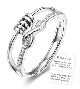 GUROTD Anxiety Rings for Women Girls 925 Sterling Silver Fidget Ring for Anxiety Adjustable Open Cubic Zirconia Spinner Bead Ring Stress Relief Gif
