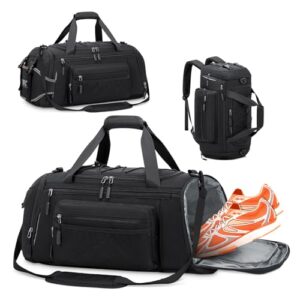 RAINSMORE Gym Sports Bag Mens Women 45L Large Holdall Duffle Bag with Shoe Compartment & Wet Pocket Waterproof Travel Training Weekend Bag Black